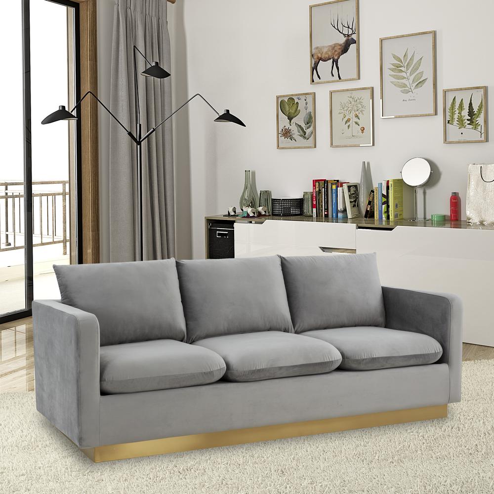 Nervo Modern Mid-Century Upholstered Velvet Sofa with Gold Frame. Picture 5