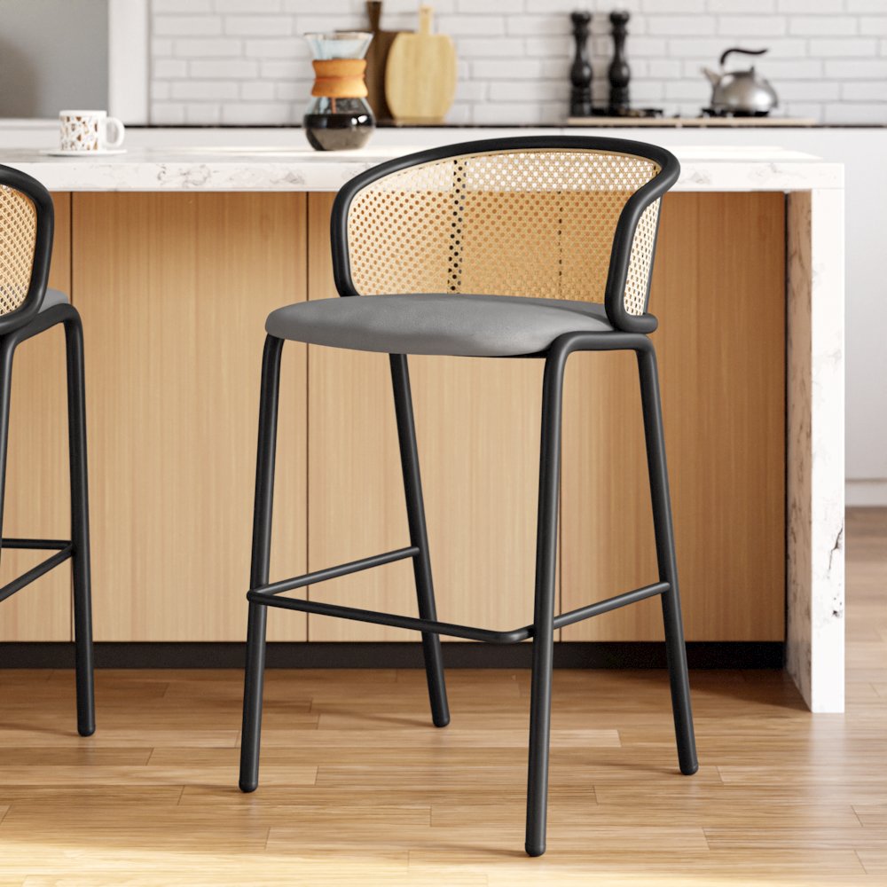 Ervilla Mid-Century Modern Wicker Bar Stool in Grey. Picture 3