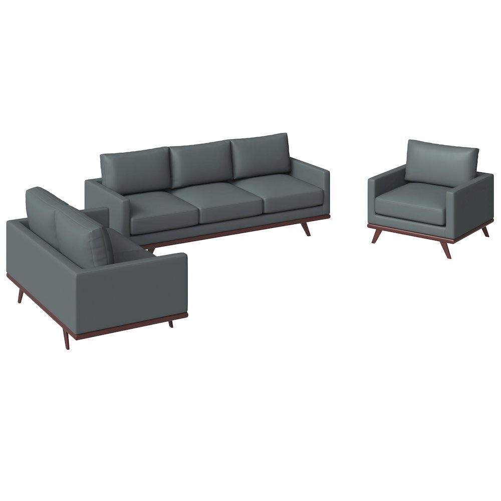 Chester 3-Piece Leather Living Room Sofa Set with Birch Wood Base Grey. Picture 1