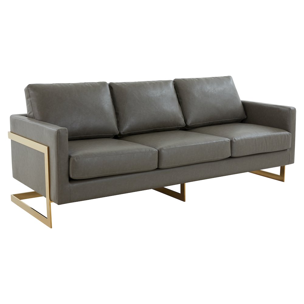 Lincoln Modern Mid-Century Upholstered Leather Sofa with Gold Frame. Picture 1