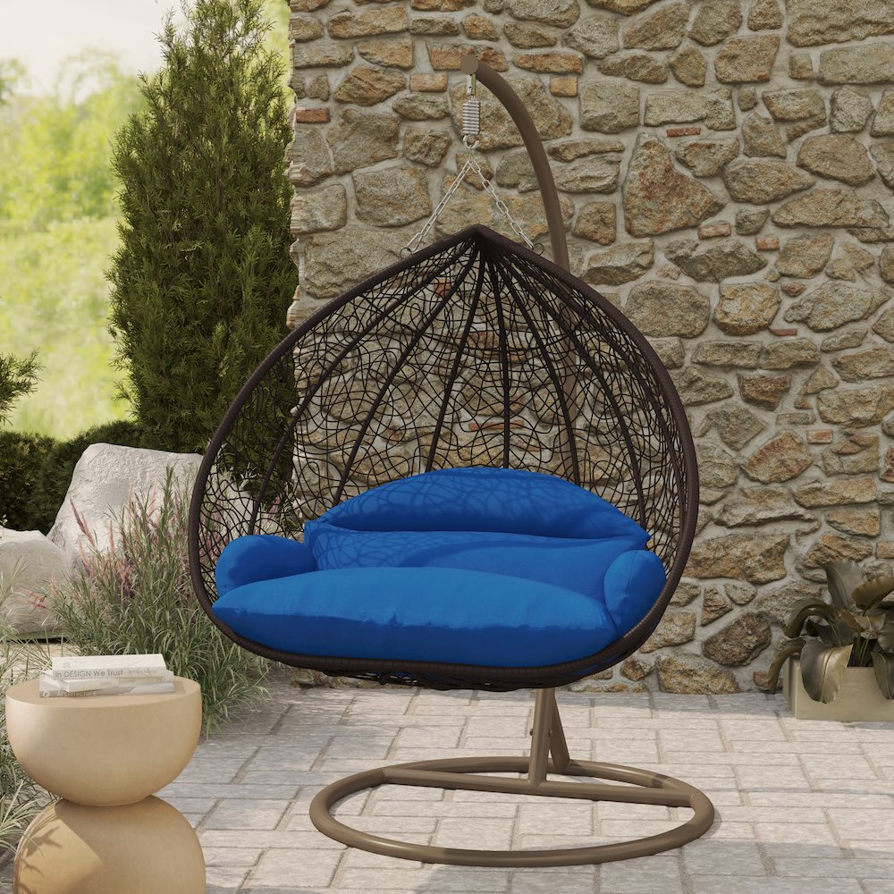 Recluse Collection Modern Outdoor Swing Chair Brown Frame with Blue Cushion. Picture 7
