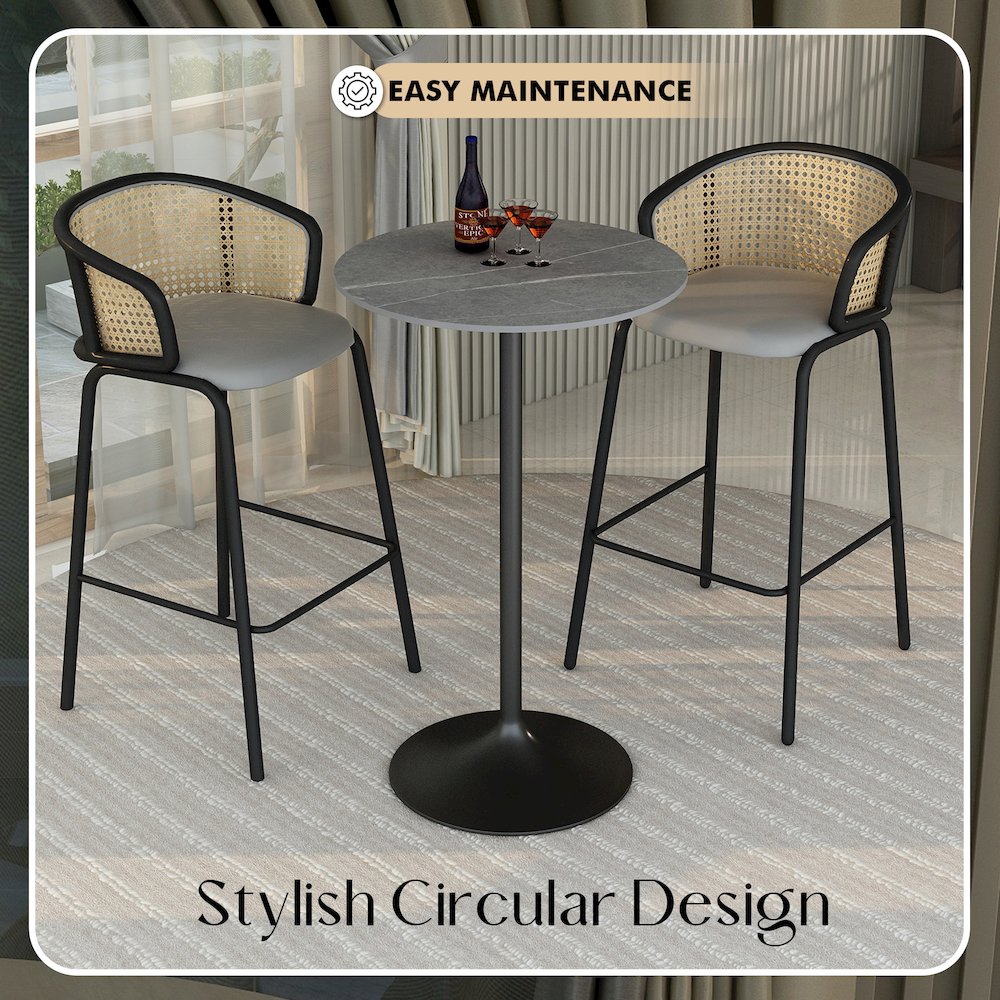 Bar Height Table Black Base with 27" Round Marble Grey Sintered Stone Top. Picture 7