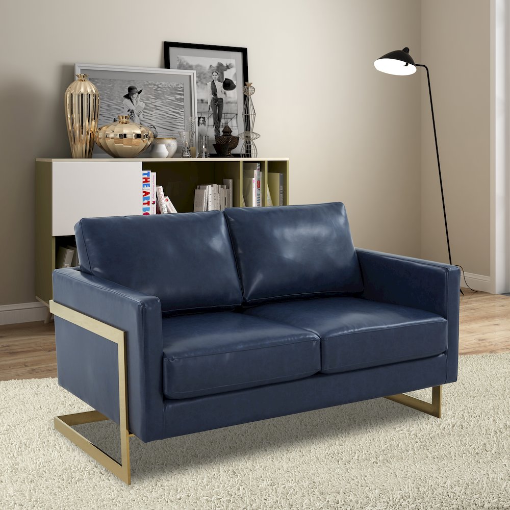 Lincoln Modern Mid-Century Upholstered Leather Loveseat with Gold Frame. Picture 4