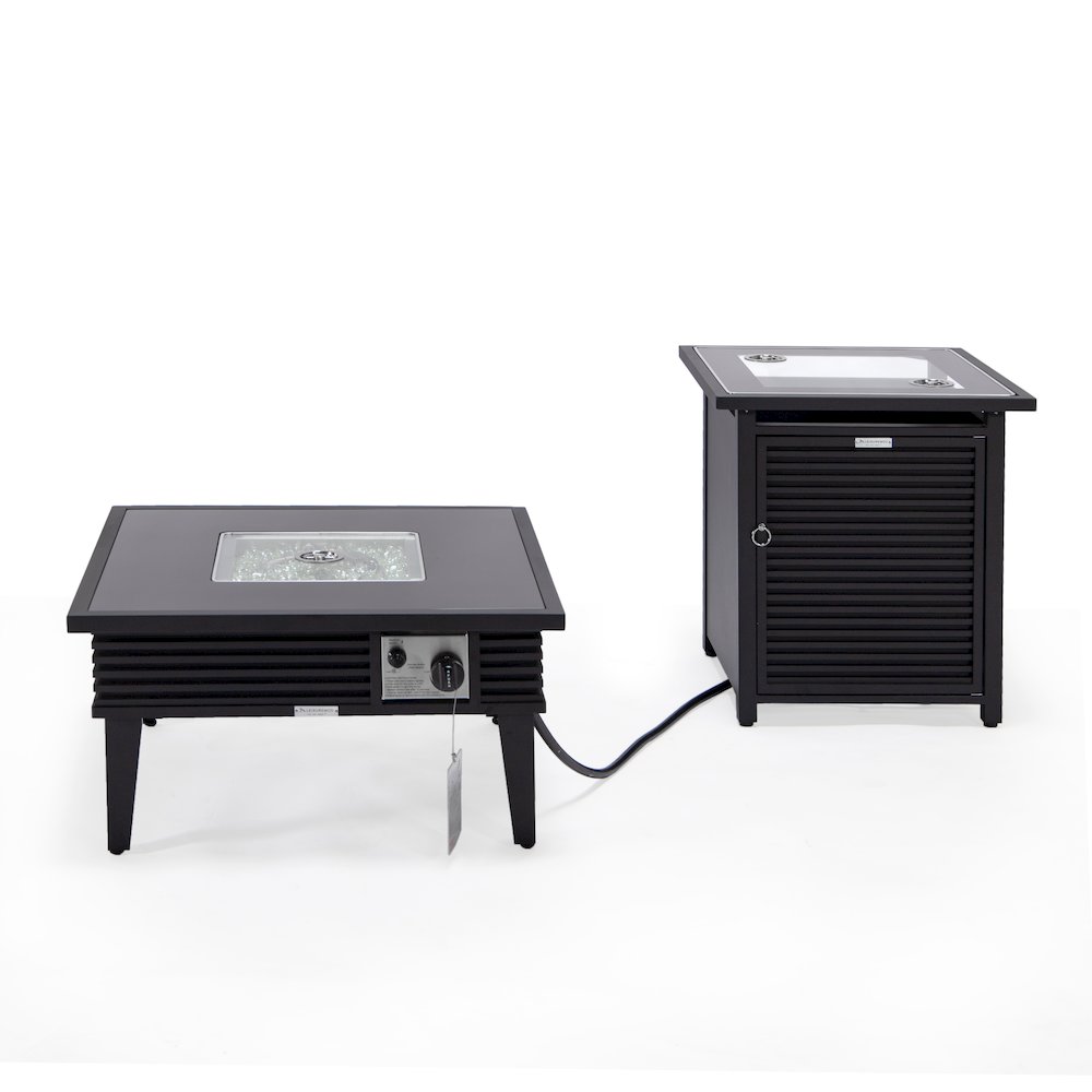 Walbrooke Patio Square Fire Pit and Tank Holder with Slats Design in Black. Picture 2