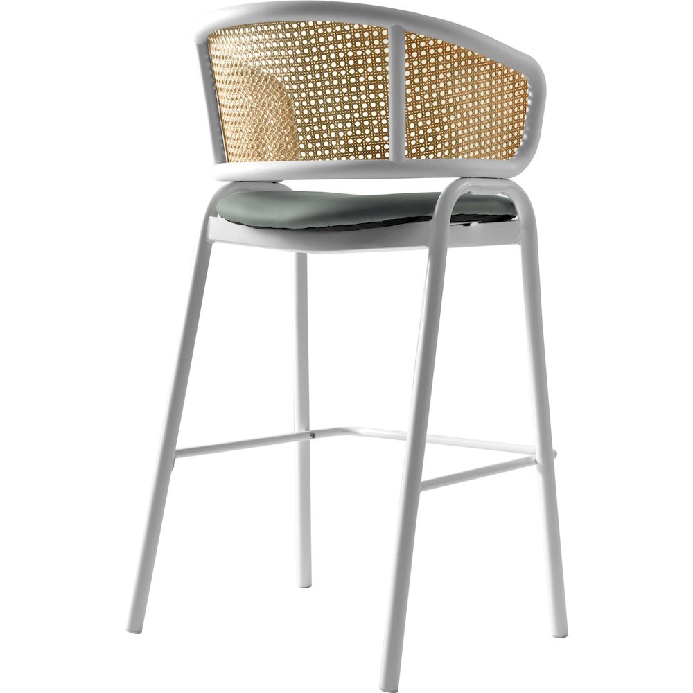 Ervilla Wicker Bar Stool with Fabric Seat and White Steel Frame - Grey leather. Picture 9