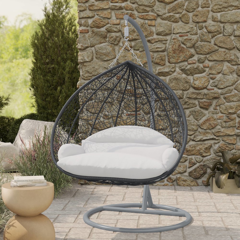 Recluse Collection Modern Outdoor Swing Chair Grey Frame with ES57 White Cushion. Picture 9