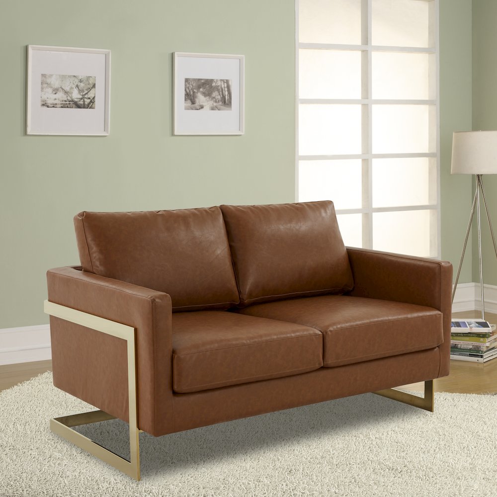 Lincoln Modern Mid-Century Upholstered Leather Loveseat with Gold Frame. Picture 4