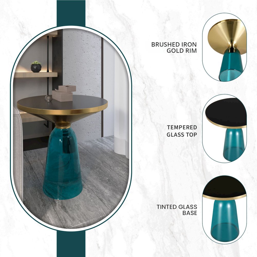 Tully Collection Glass side Table Blue glass, Gold Rim with Black Glass top. Picture 7