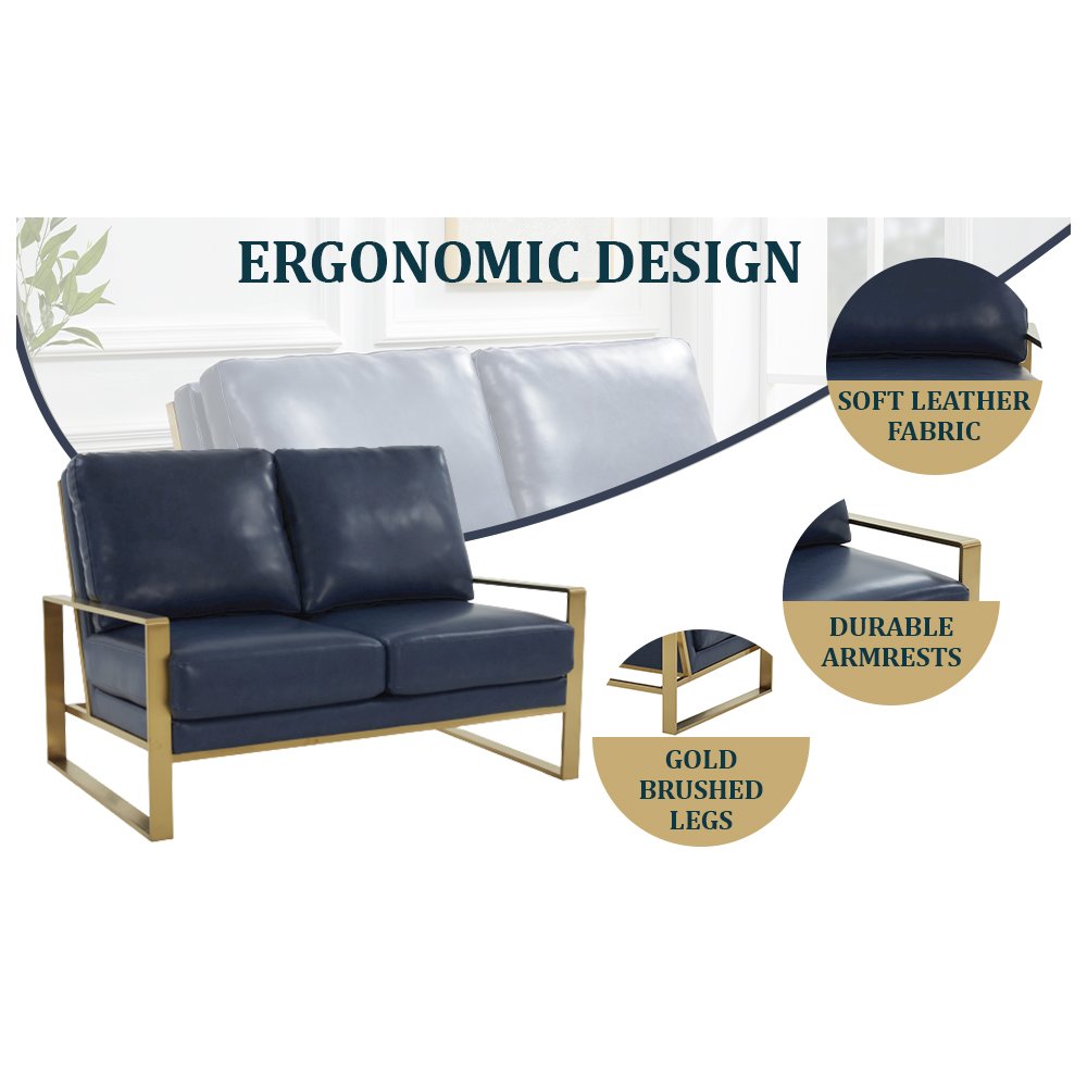 Jefferson - Leather Loveseat - Gold Frame - Navy Blue. Picture 8