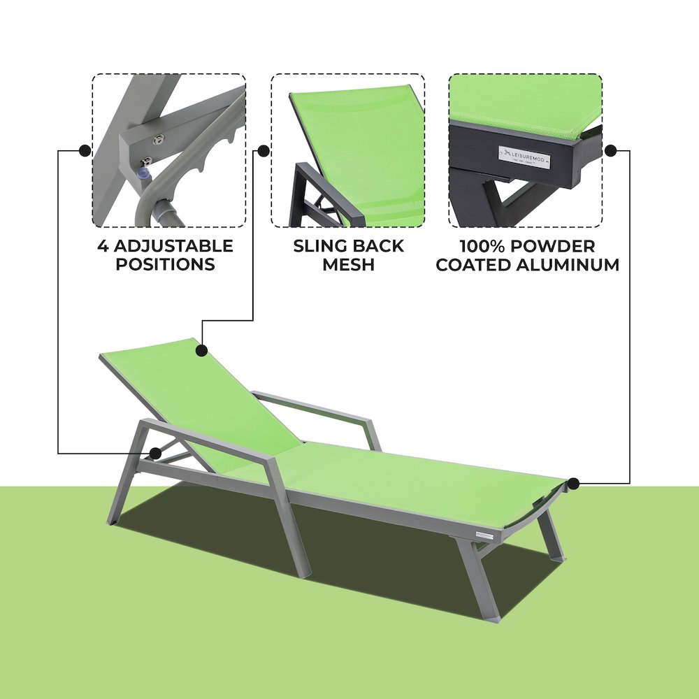 Marlin Patio Chaise Lounge Chair With Armrests in Grey Aluminum Frame. Picture 2