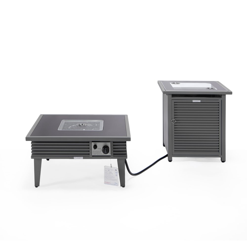 Walbrooke Patio Square Fire Pit and Tank Holder with Slats Design in Grey. Picture 2