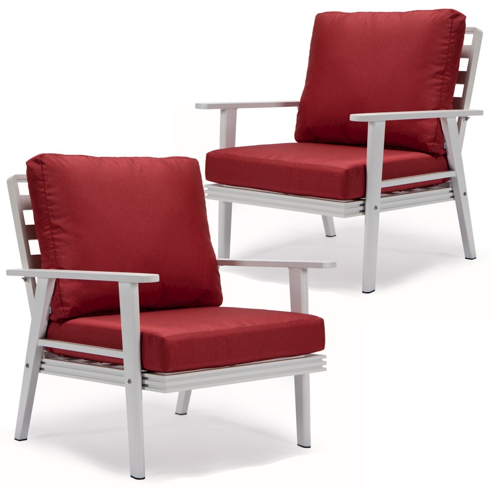 Walbrooke Outdoor Patio White Aluminum Armchairs With Cushions Set Of 2 in Red. Picture 1