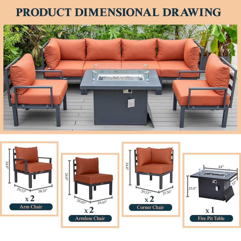 Chelsea 7-Piece Patio Sectional And Fire Pit Table Black Aluminum With Cushions. Picture 37