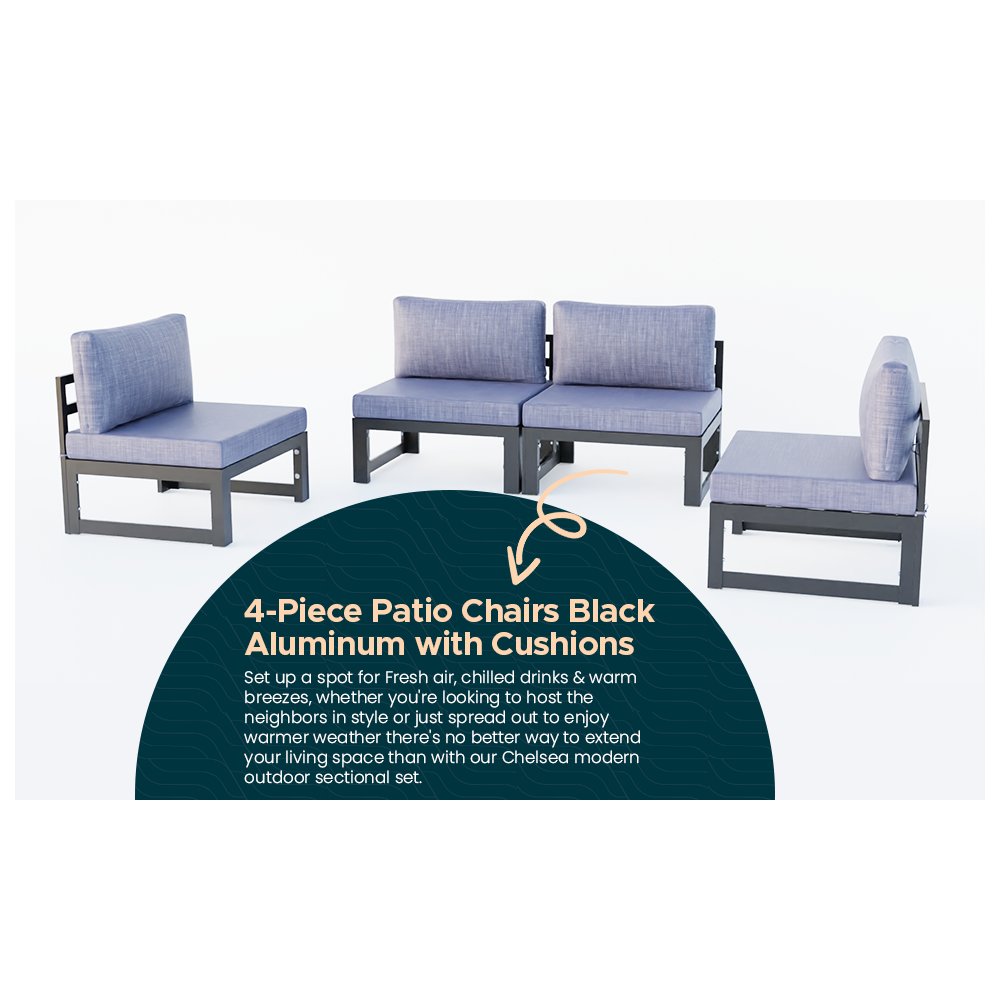 Chelsea 4-Piece Middle Patio Chairs Black Aluminum With Cushions. Picture 2