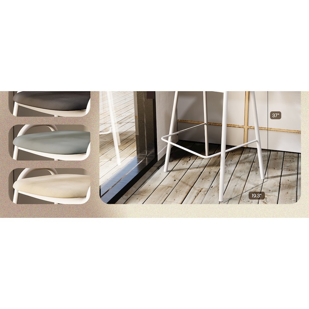 Ervilla Wicker Bar Stool with Fabric Seat and White Steel Frame - Grey leather. Picture 24