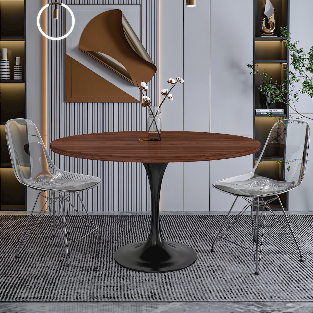 Verve Collection 48 Round Dining Table, Black Base with Cognac Brown MDF Top. Picture 14