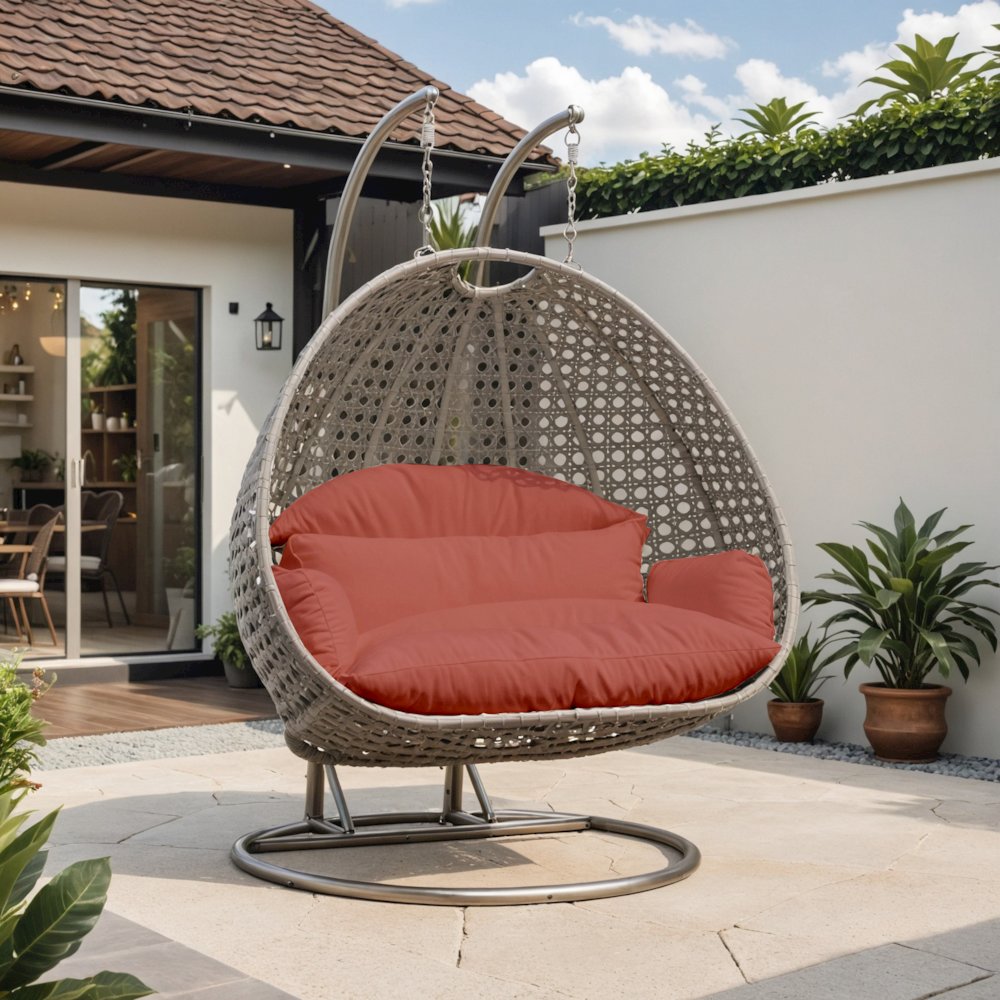 Beige Wicker Hanging 2 person Egg Swing Chair. Picture 1