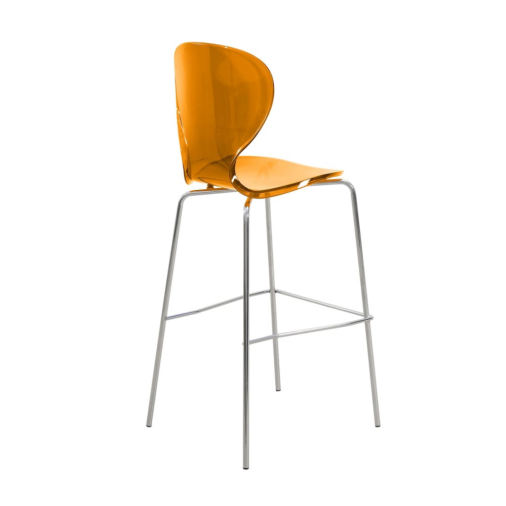 Oyster Acrylic Barstool with Steel Frame in Chrome Finish in Transparent Orange. Picture 8