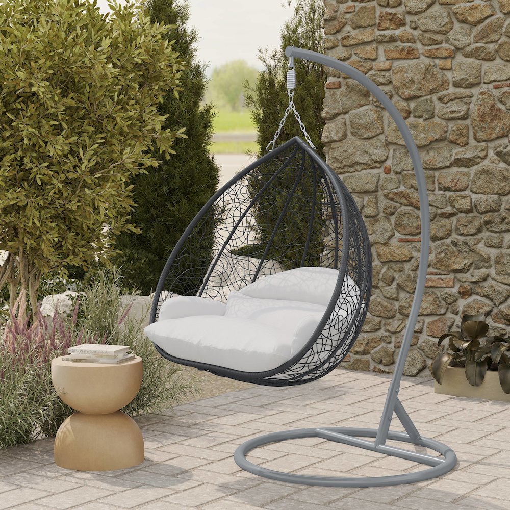 Recluse Collection Modern Outdoor Swing Chair Grey Frame with ES57 White Cushion. Picture 8