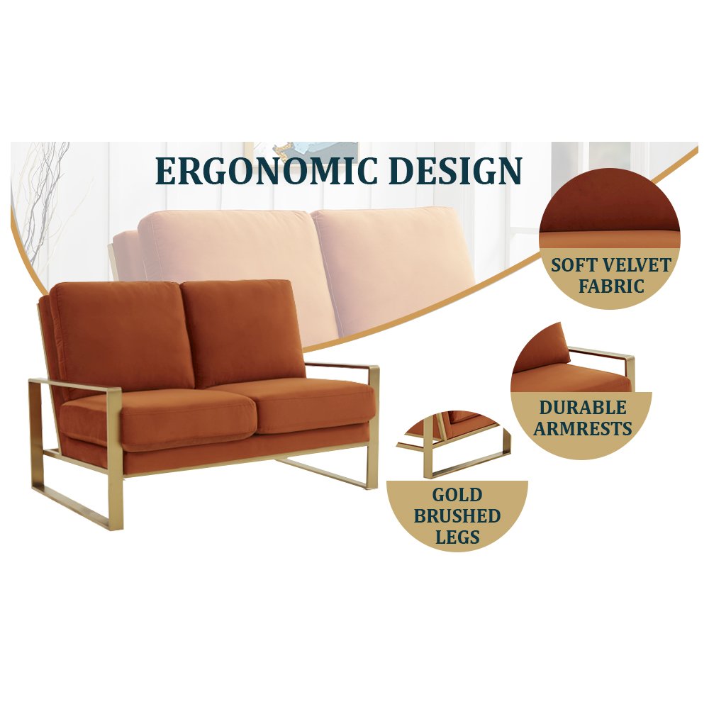 Jefferson Contemporary Modern Velvet Loveseat With Gold Frame. Picture 9