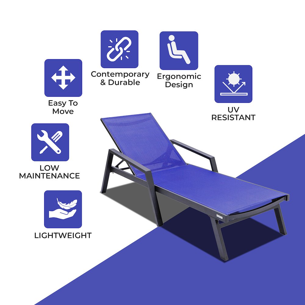Marlin Patio Chaise Lounge Chair With Armrests in Black Aluminum Frame. Picture 4