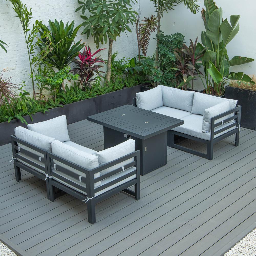LeisureMod Chelsea 5-Piece Sectional Loveseat and Fireplace Set Black Aluminum with Cushions, Light Grey. Picture 2