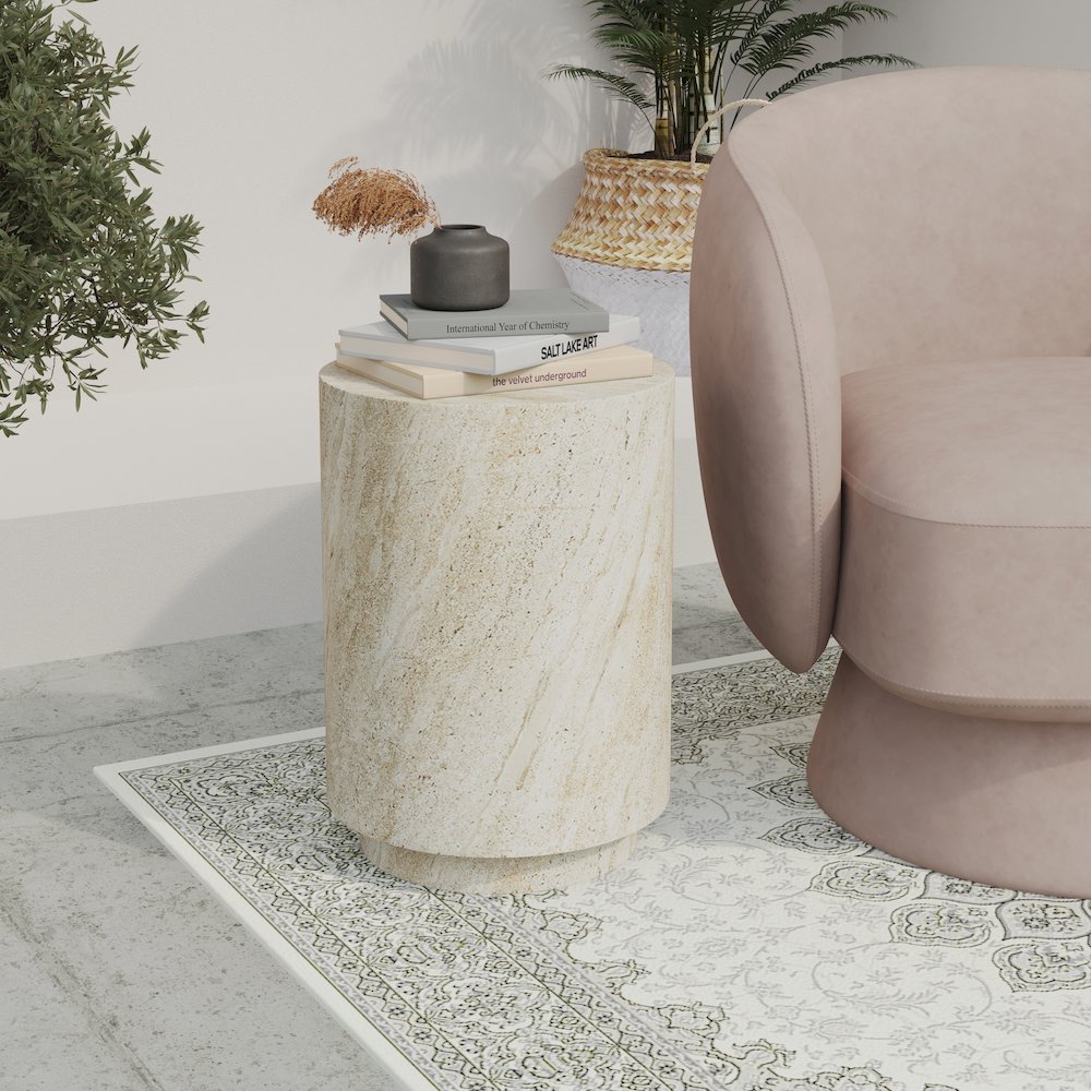 Modern Side End Table Ramble Series In Travertine. Picture 9