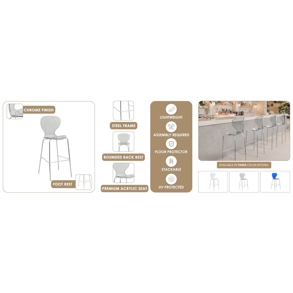 Oyster Acrylic Barstool with Steel Frame in Chrome Finish in Smoke. Picture 12