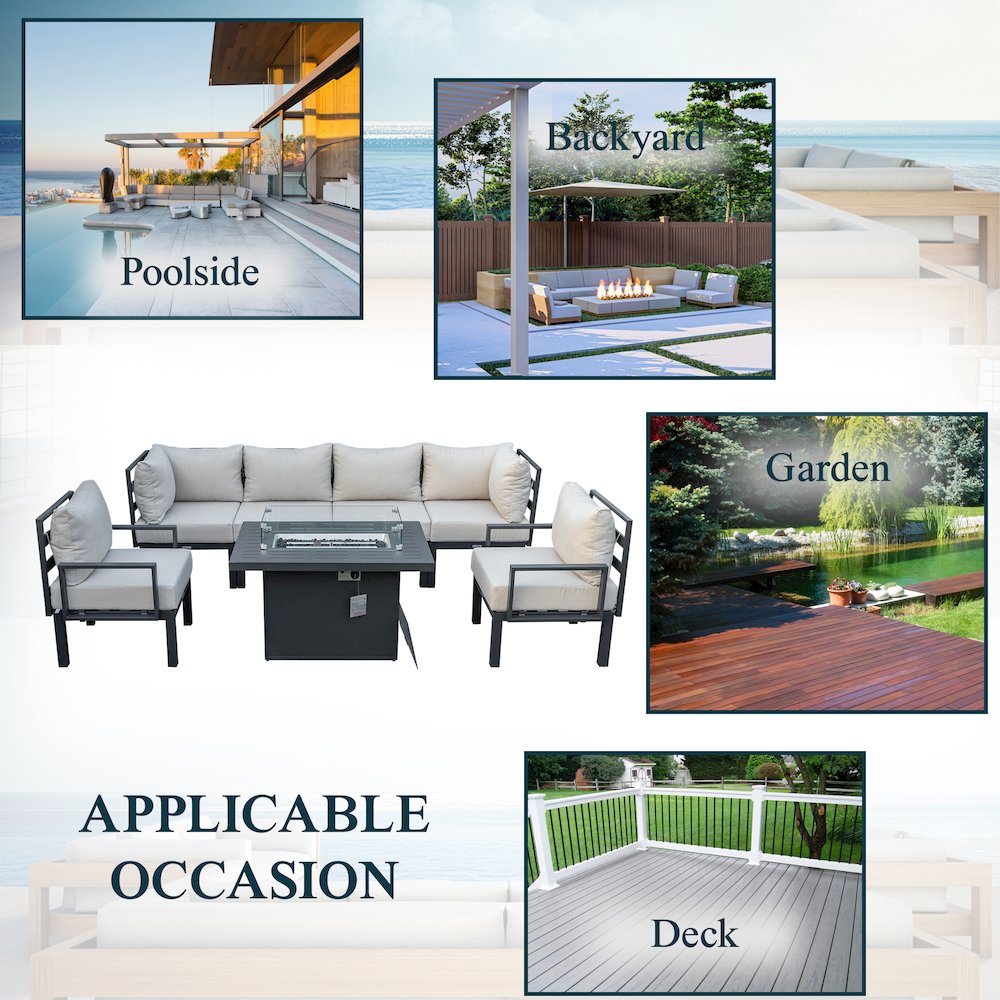Chelsea 7-Piece Patio Sectional And Fire Pit Table Black Aluminum With Cushions. Picture 41