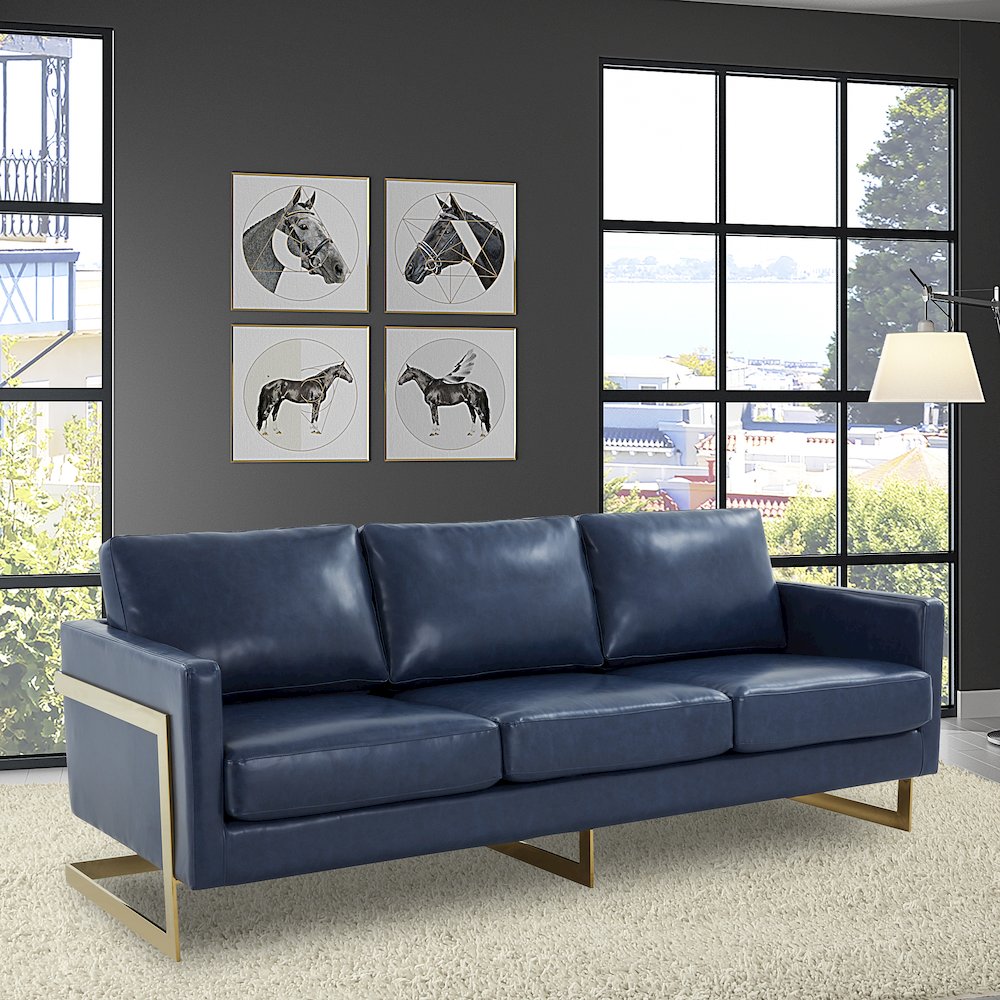 Lincoln Modern Mid-Century Upholstered Leather Sofa with Gold Frame. Picture 4