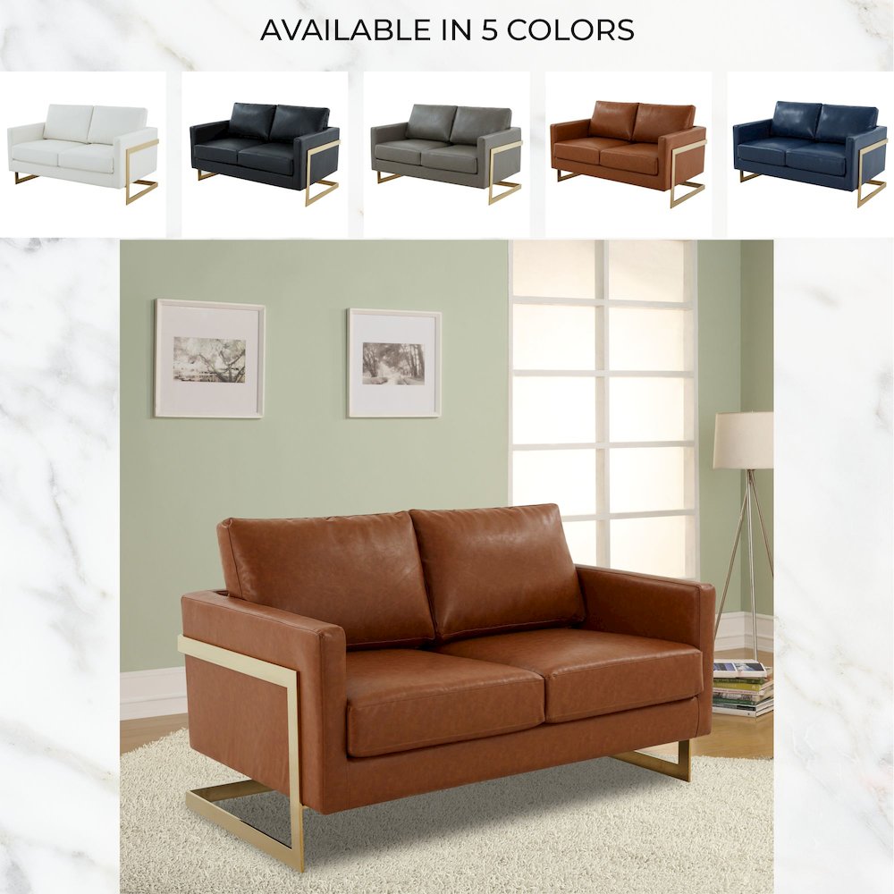 Lincoln Modern Mid-Century Upholstered Leather Loveseat with Gold Frame. Picture 11