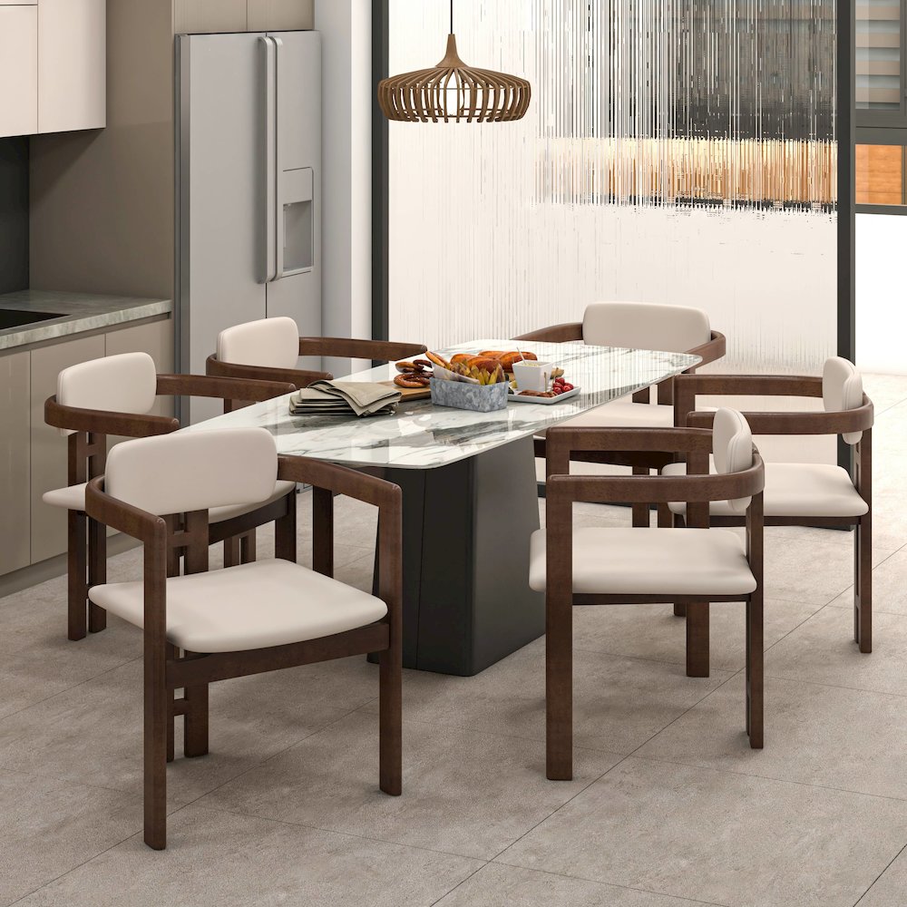 Velo Series Modern Dining Chair in Walnut Color Wood with Toupe Seat. Picture 4