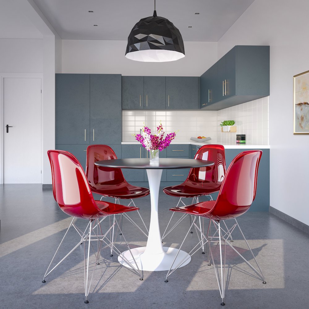 5-Piece Dining Set 35" Round Dining Table in Chrome - Transparent Red. Picture 7