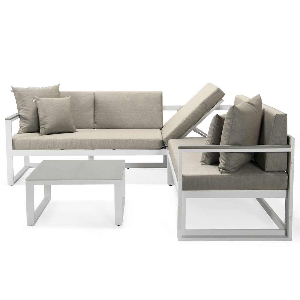 Chelsea White Sectional With Adjustable Headrest & Coffee Table With Cushions. Picture 3