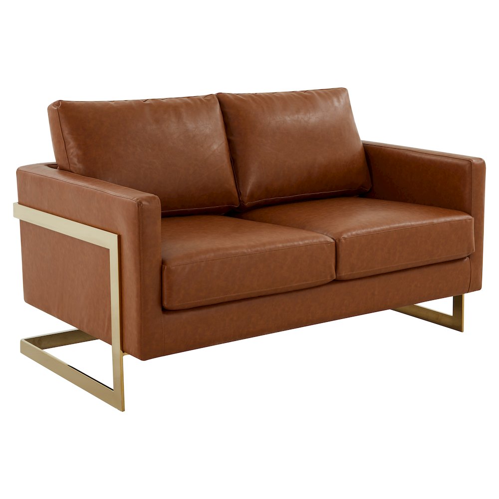Lincoln Modern Mid-Century Upholstered Leather Loveseat with Gold Frame. Picture 1