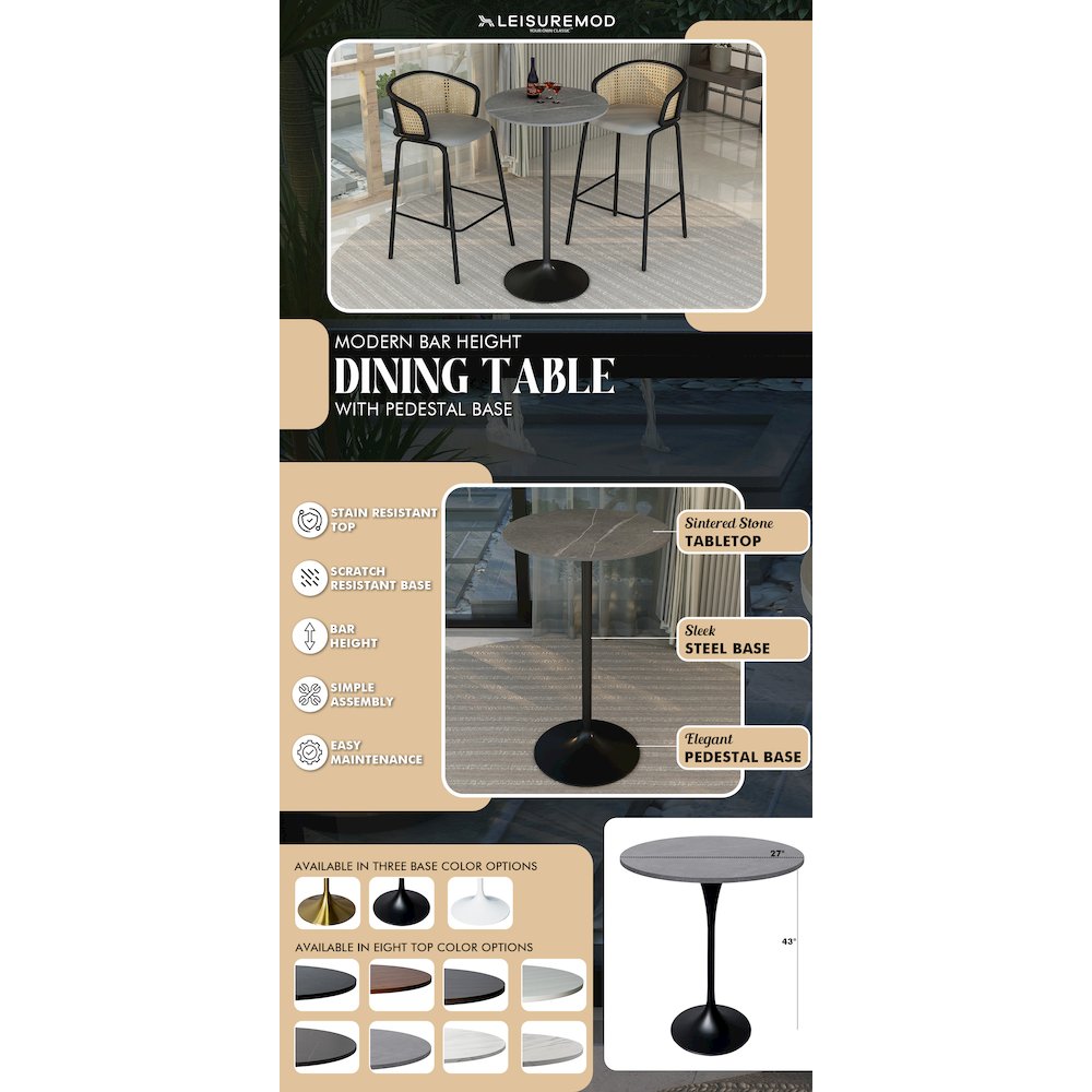 Bar Height Table Black Base with 27" Round Marble Grey Sintered Stone Top. Picture 22