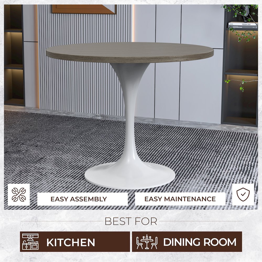 Verve Collection 36 Round Dining Table, White Base with Dark Maple MDF Top. Picture 3
