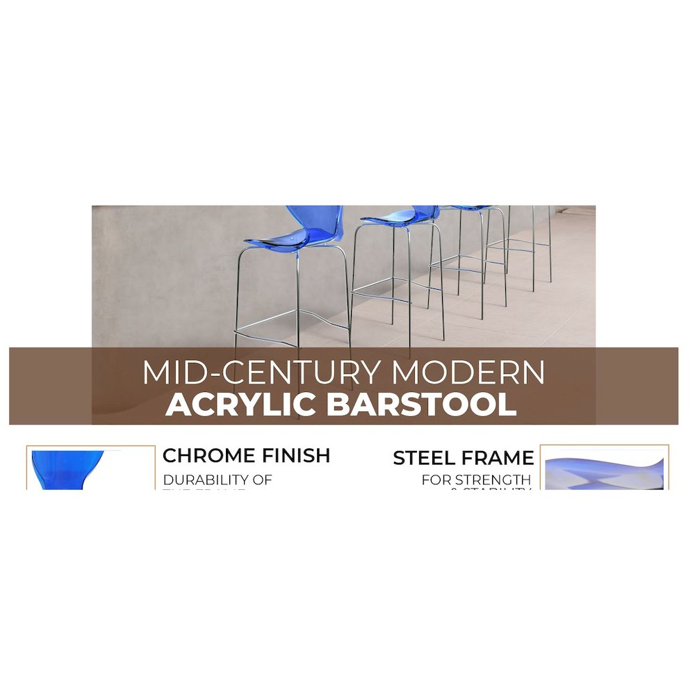 Oyster Acrylic Barstool with Steel Frame in Chrome Finish in Transparent Blue. Picture 21