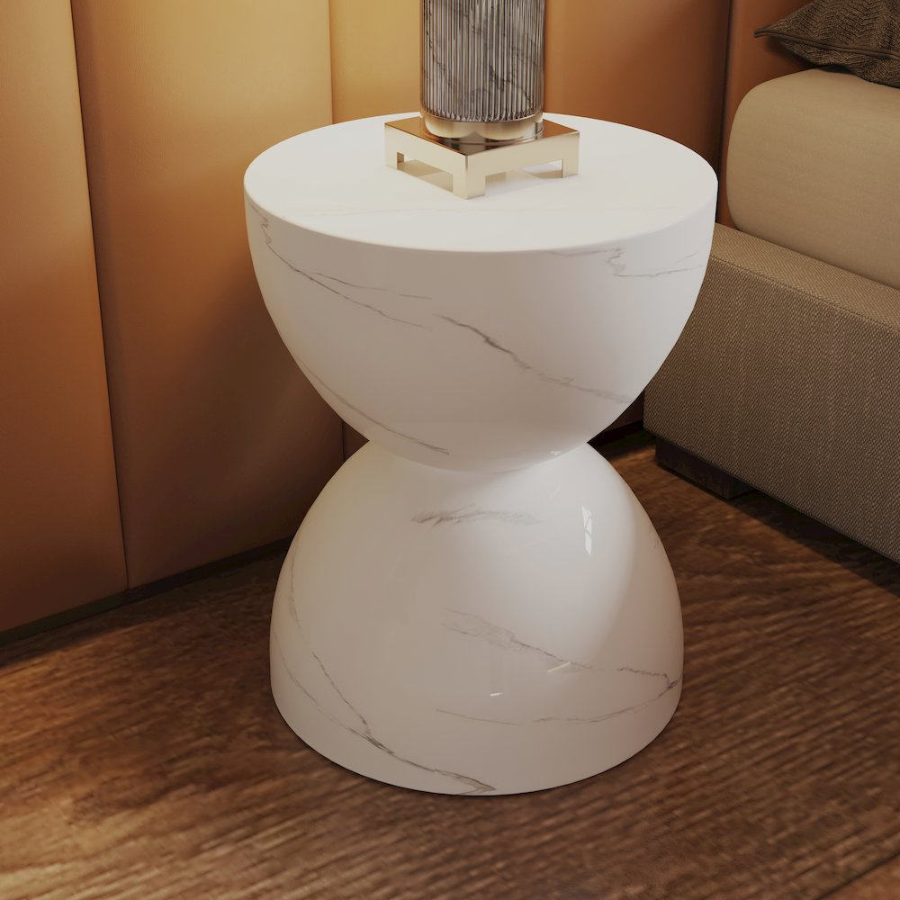 Sage Collection Fiberglass Outdoor Side Table in Marbled White. Picture 3