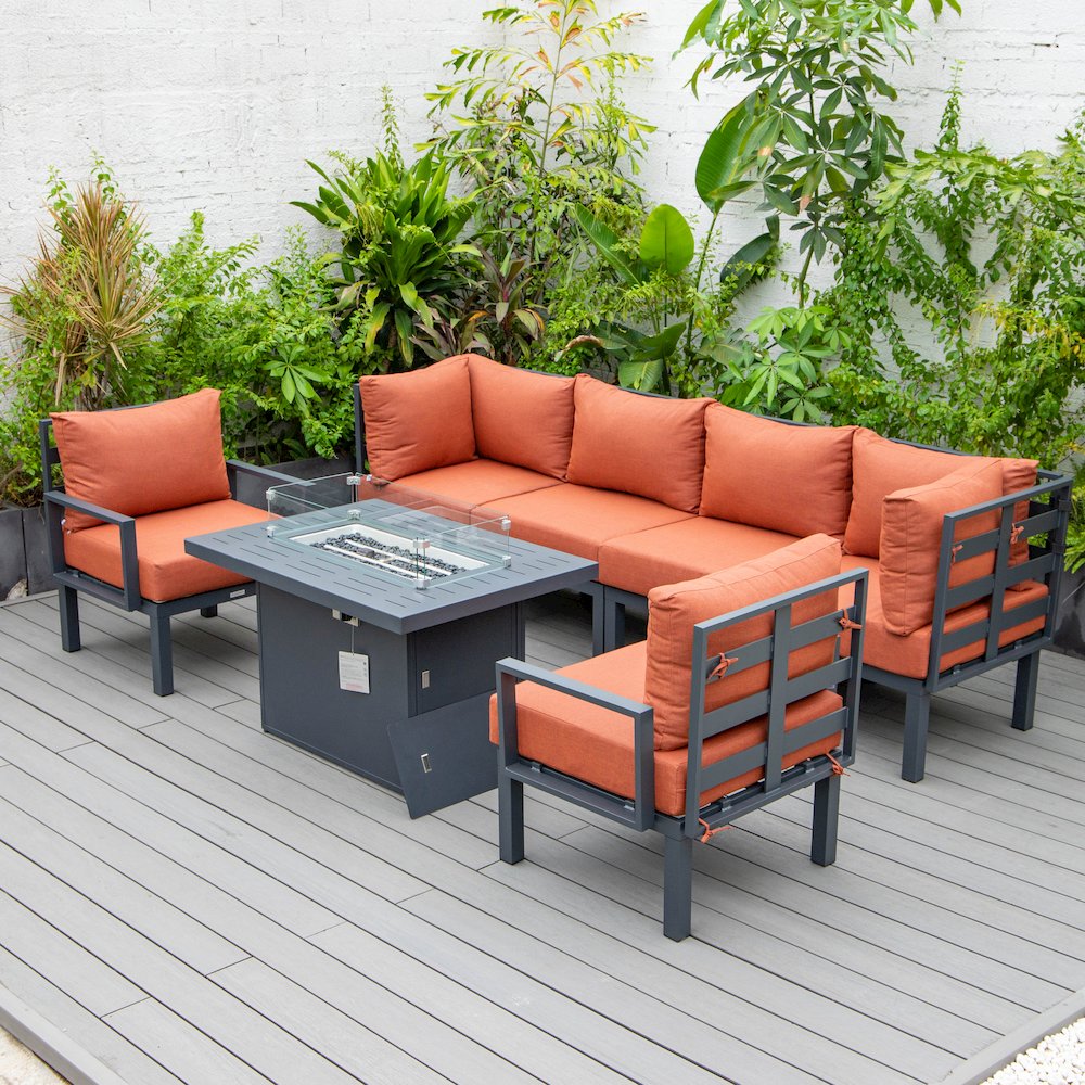 Chelsea 7-Piece Patio Sectional And Fire Pit Table Black Aluminum With Cushions. Picture 32