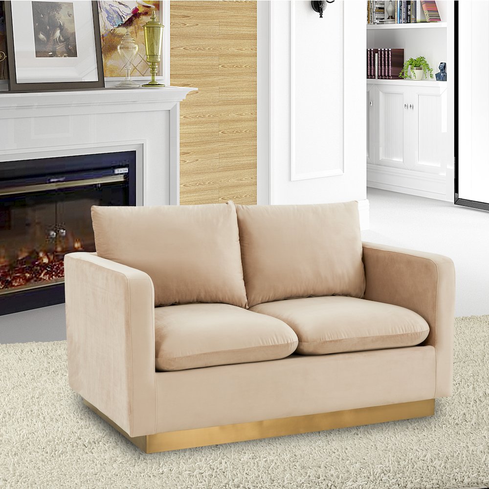 Nervo Modern Mid-Century Upholstered Velvet Loveseat with Gold Frame. Picture 3
