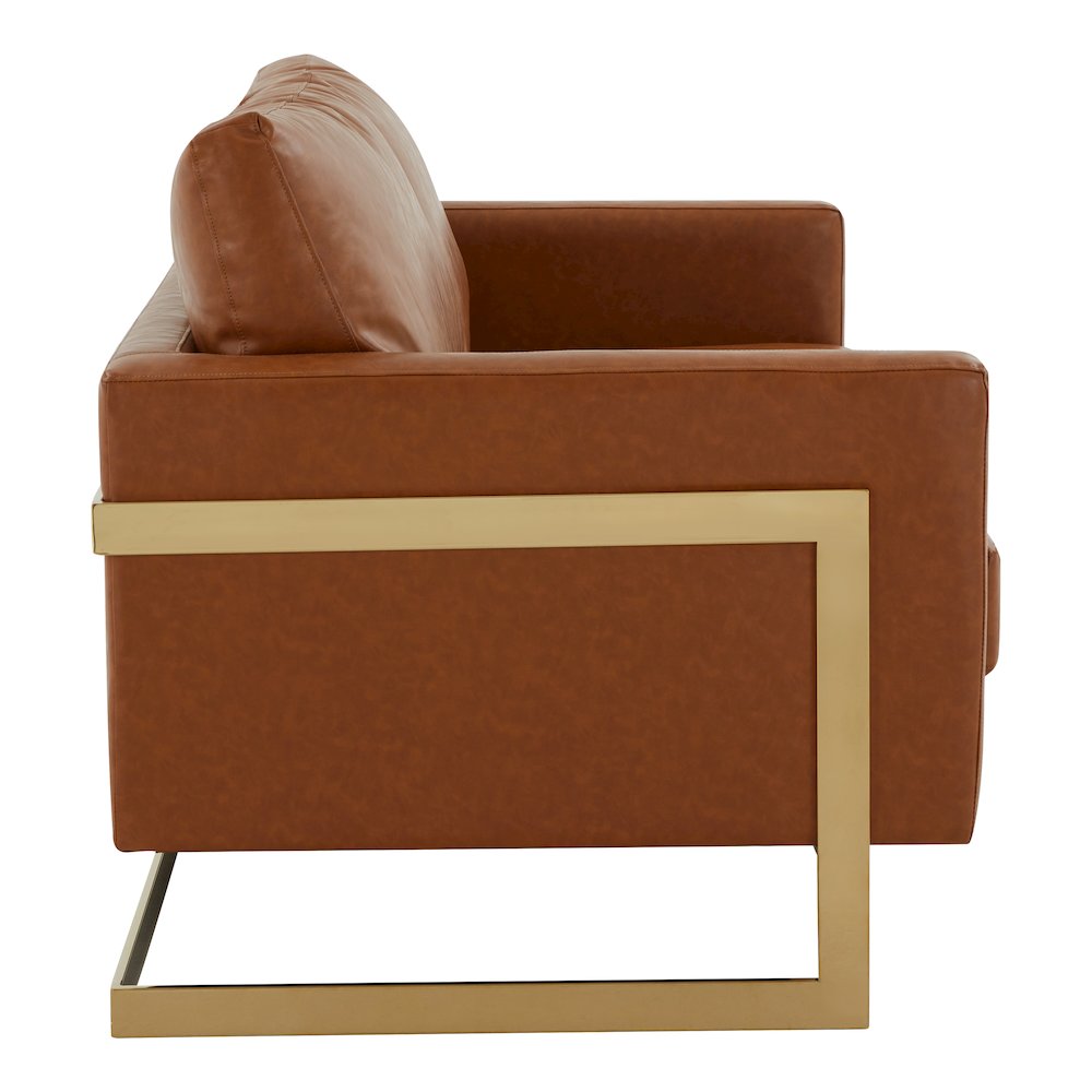 Lincoln Modern Mid-Century Upholstered Leather Loveseat with Gold Frame. Picture 7