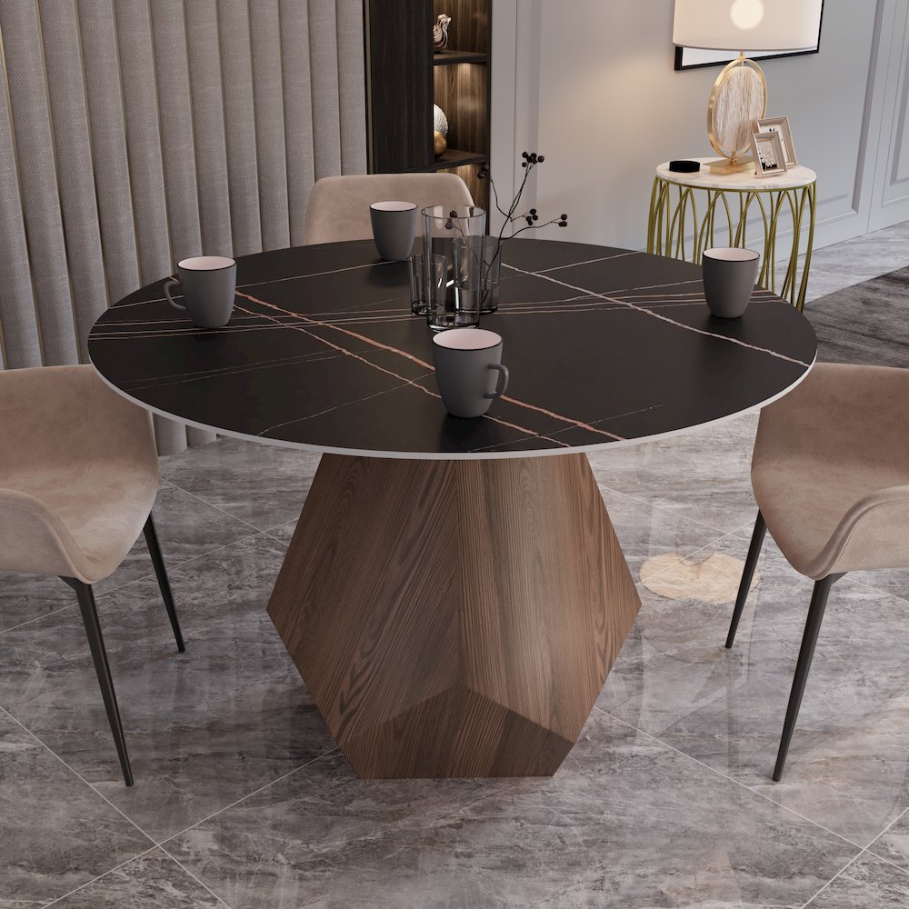 Nebo Modern Dining Table in Walnut Base with Black Sintered Stone  Top. Picture 9