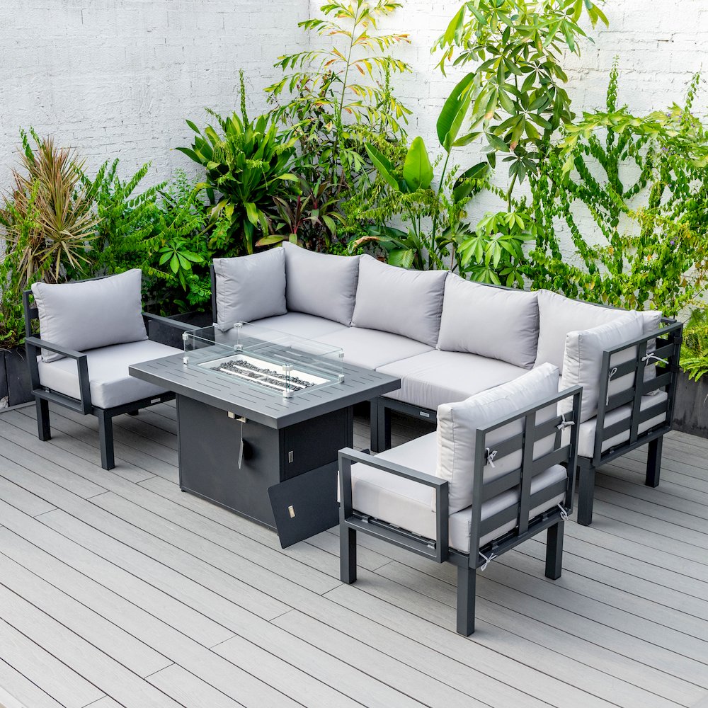 Chelsea 7-Piece Patio Sectional And Fire Pit Table Black Aluminum With Cushions. Picture 32