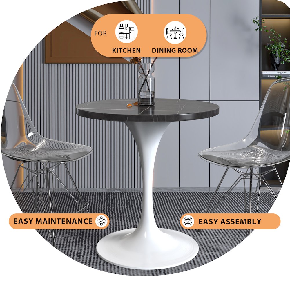 Verve Collection 27 Round Dining Table, White Base with Sintered Stone Black Top. Picture 3