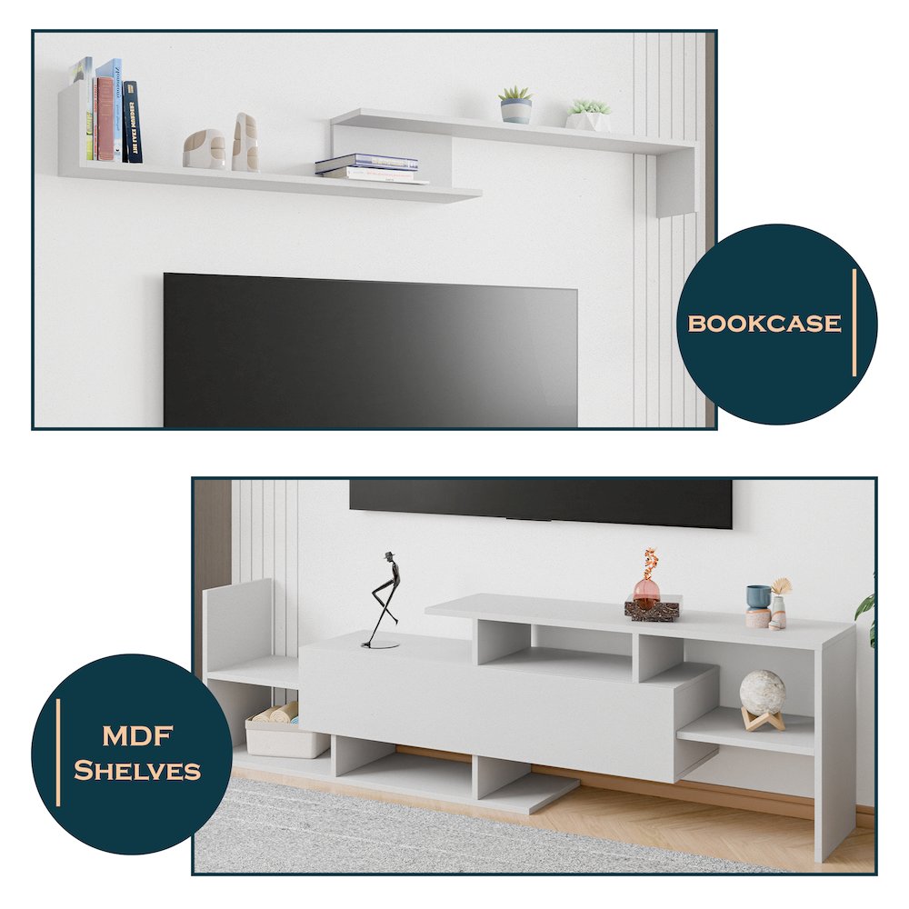 Surrey Modern TV Stand with MDF Shelves and Bookcase in White. Picture 2