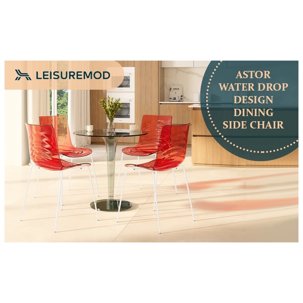 Astor Water Ripple Design Dining Chair in White Base Trans Red Seat Set of 2. Picture 4