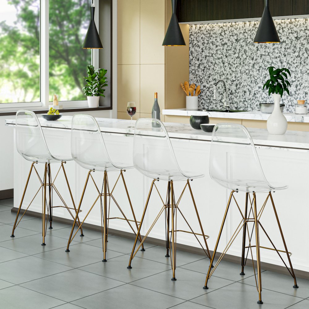 Cresco Modern Acrylic Barstool with Gold Chrome Base and Footrest. Picture 2