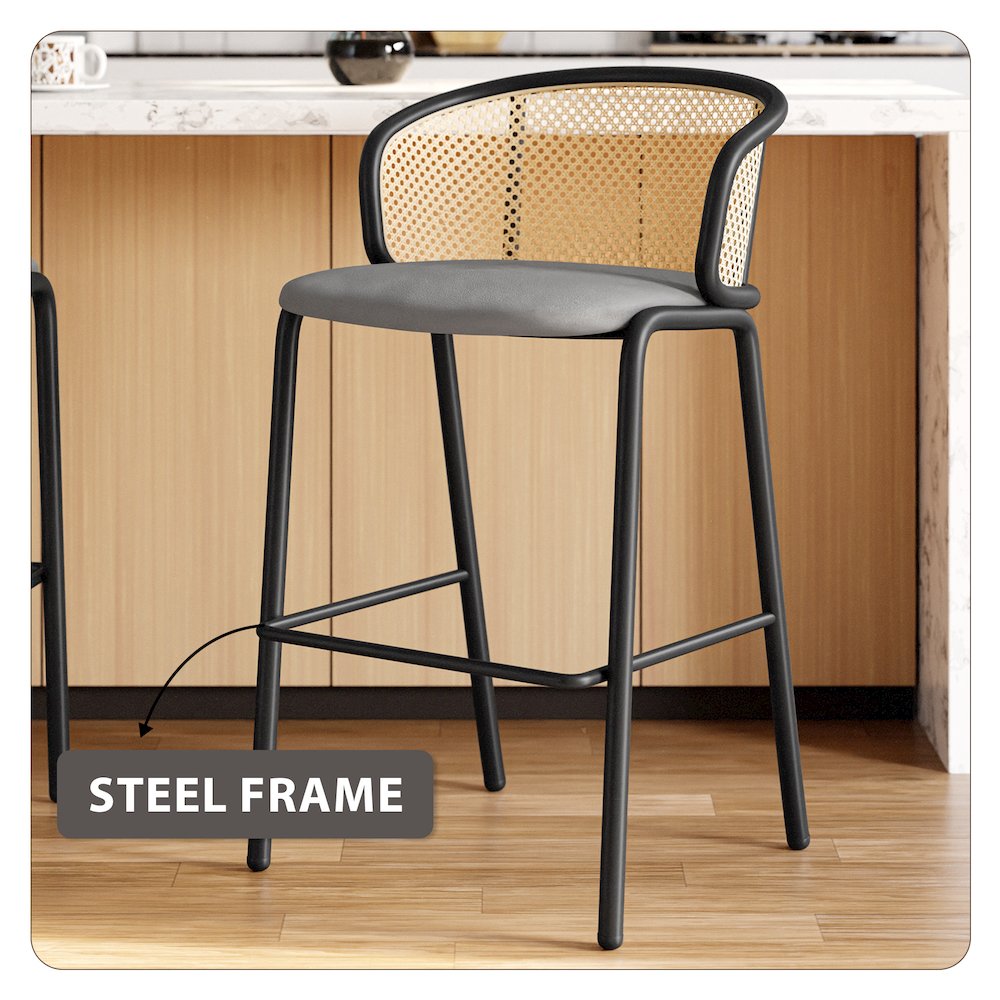 Ervilla Mid-Century Modern Wicker Bar Stool in Grey. Picture 22