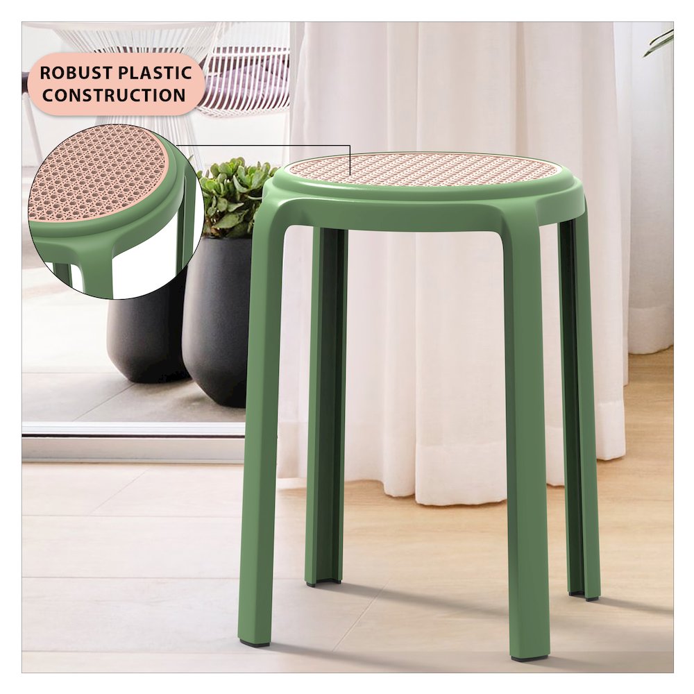 Tresse Series Stackable Round Poly Stool With Wicker Top 13 in Green. Picture 1